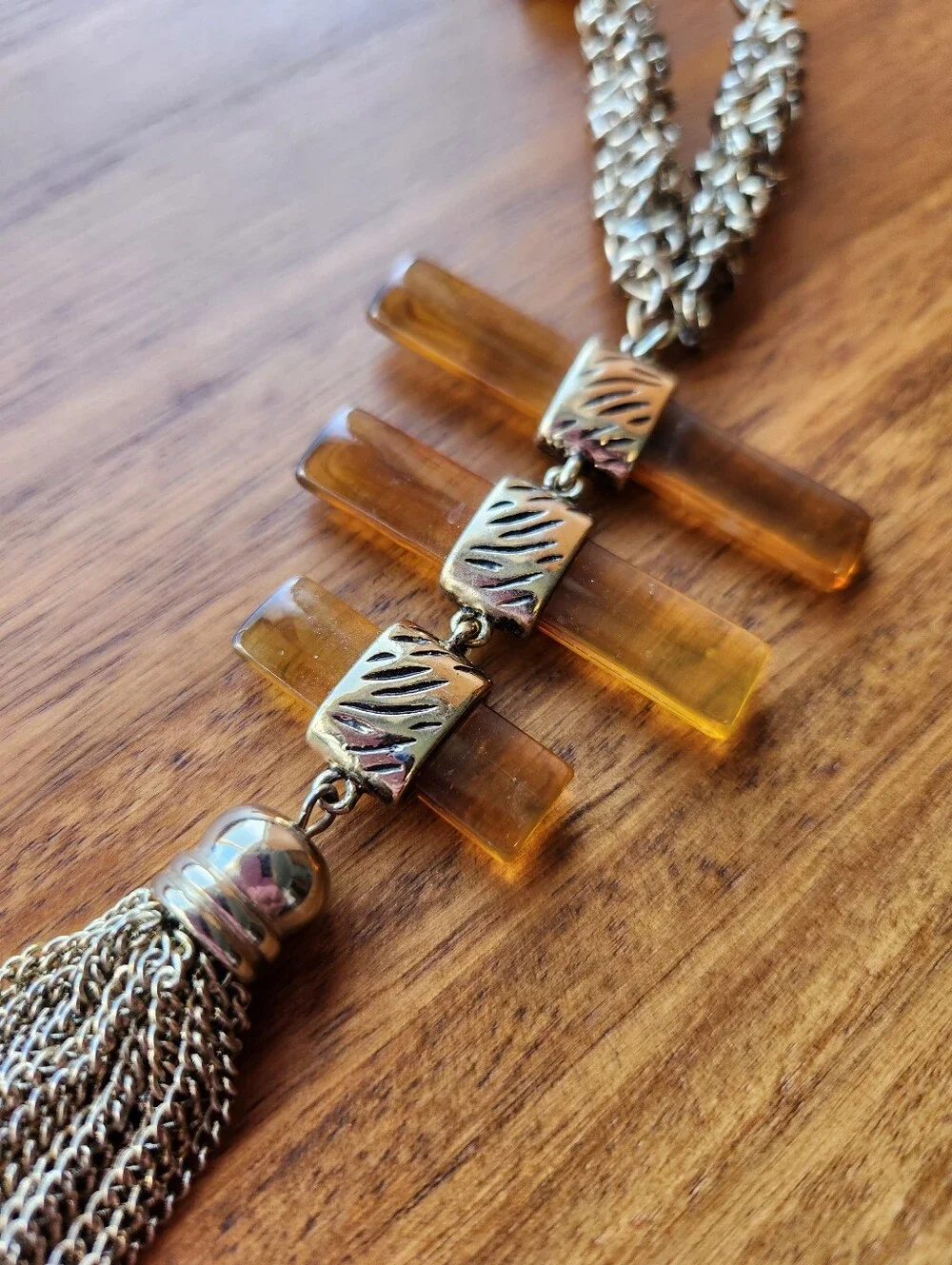 90s CHICO'S BOHO AMBER LUCITE MIXED METAL CHAIN STATEMENT TASSEL LONG NECKLACE